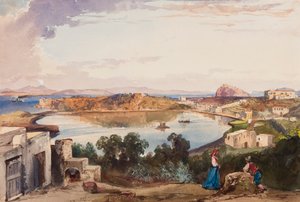Ischia, die Caldera kurz bevor der Zugang zum Meer geschnitten wurde, Königspalast rechts, mit Ergänzungen von Prinz Alfonso Maria di Borbone (1841-1934), 1853 von Giacinto Gigante